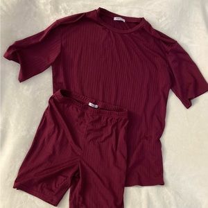 Ekouaer Ribbed Biker Short Lounge Set/Pajama set Size M Red Wine
